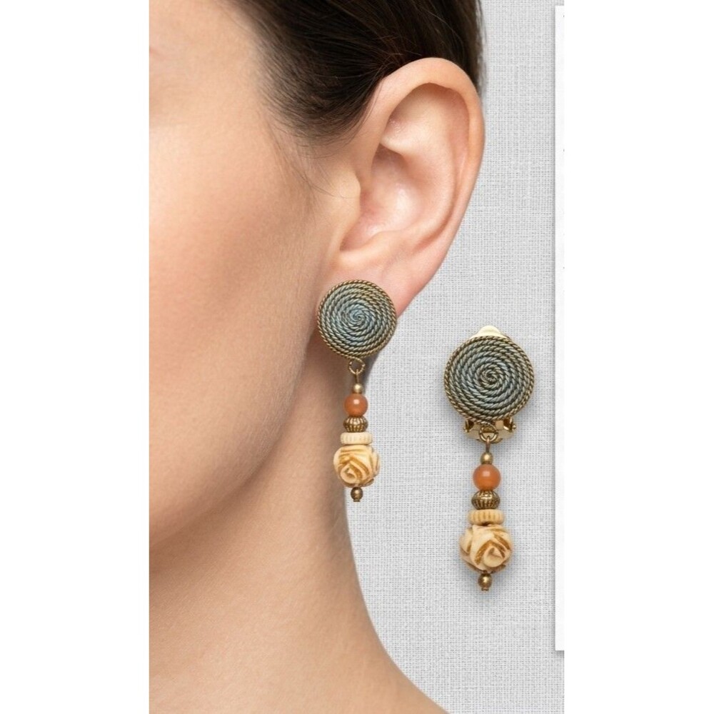 Carol For Eva Graham ClipOn Earrings  Woven Blue Gold Coiled W Carved Roses
